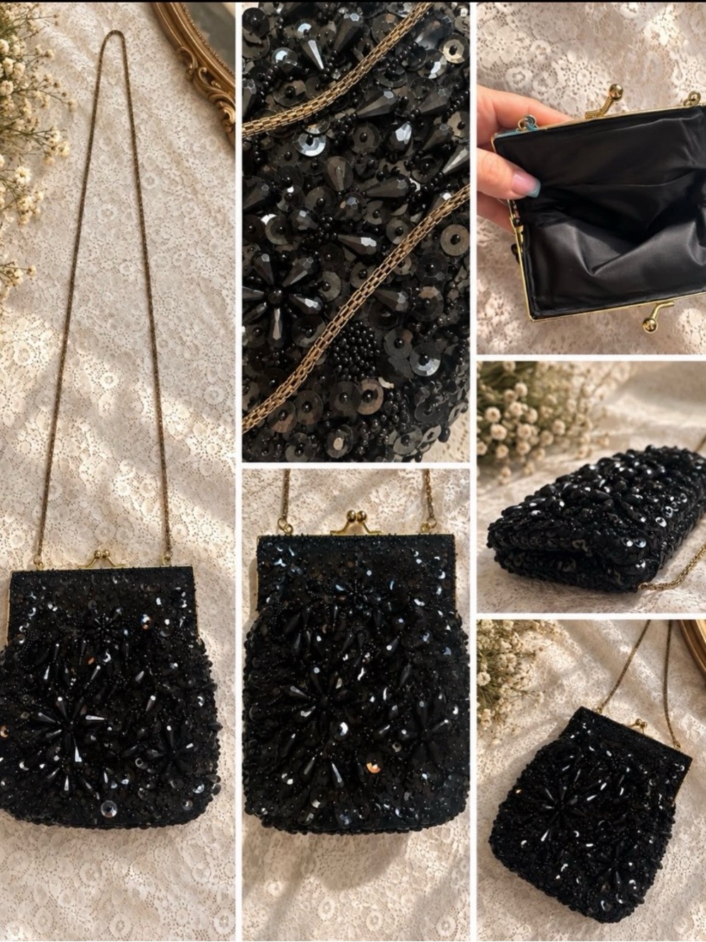 Vintage Black Beaded Clutch with Gold Chain